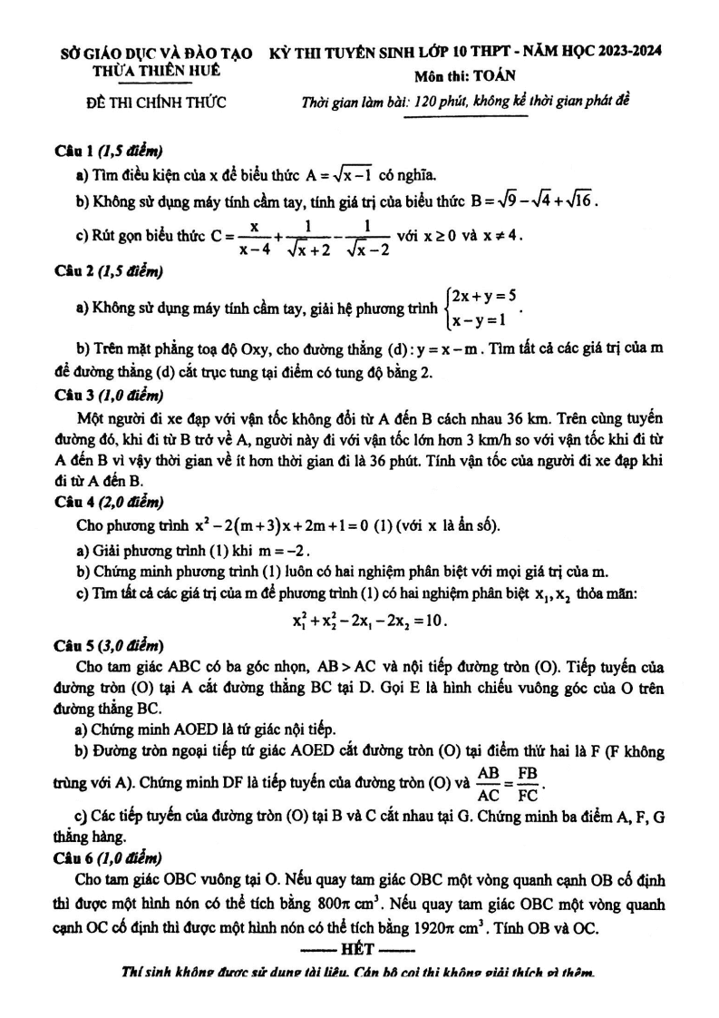 Đề thi vào 10 Toán Thừa Thiên Huế năm 2023
