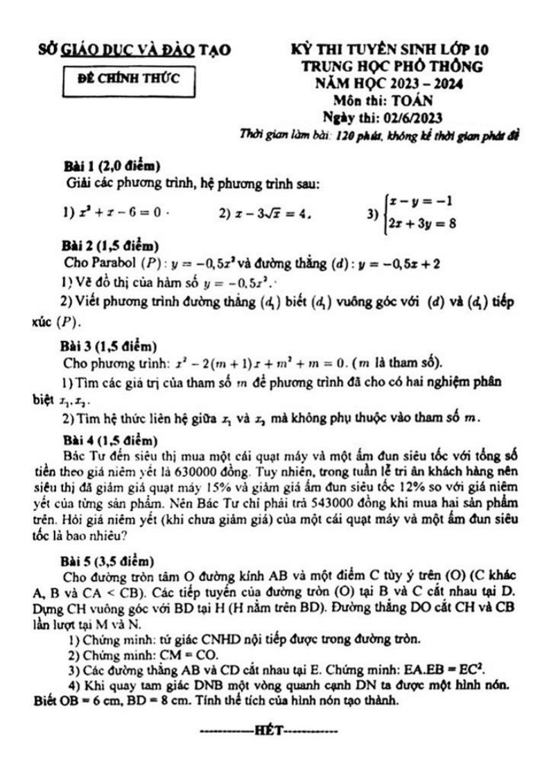 Đề thi vào 10 Toán Bình Dương năm 2023