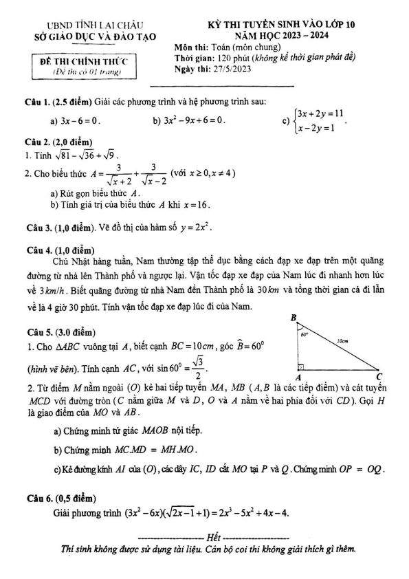 Đề thi vào 10 Toán Lai Châu năm 2023