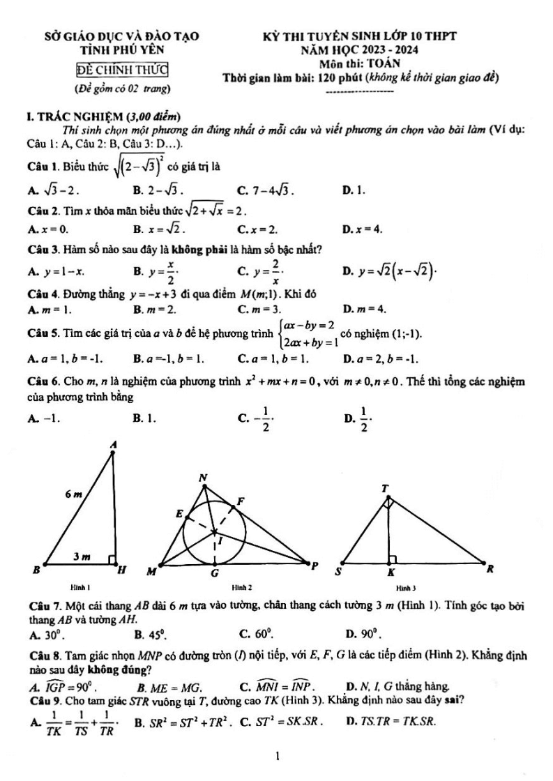 Đề thi vào 10 Toán Phú Yên năm 2023