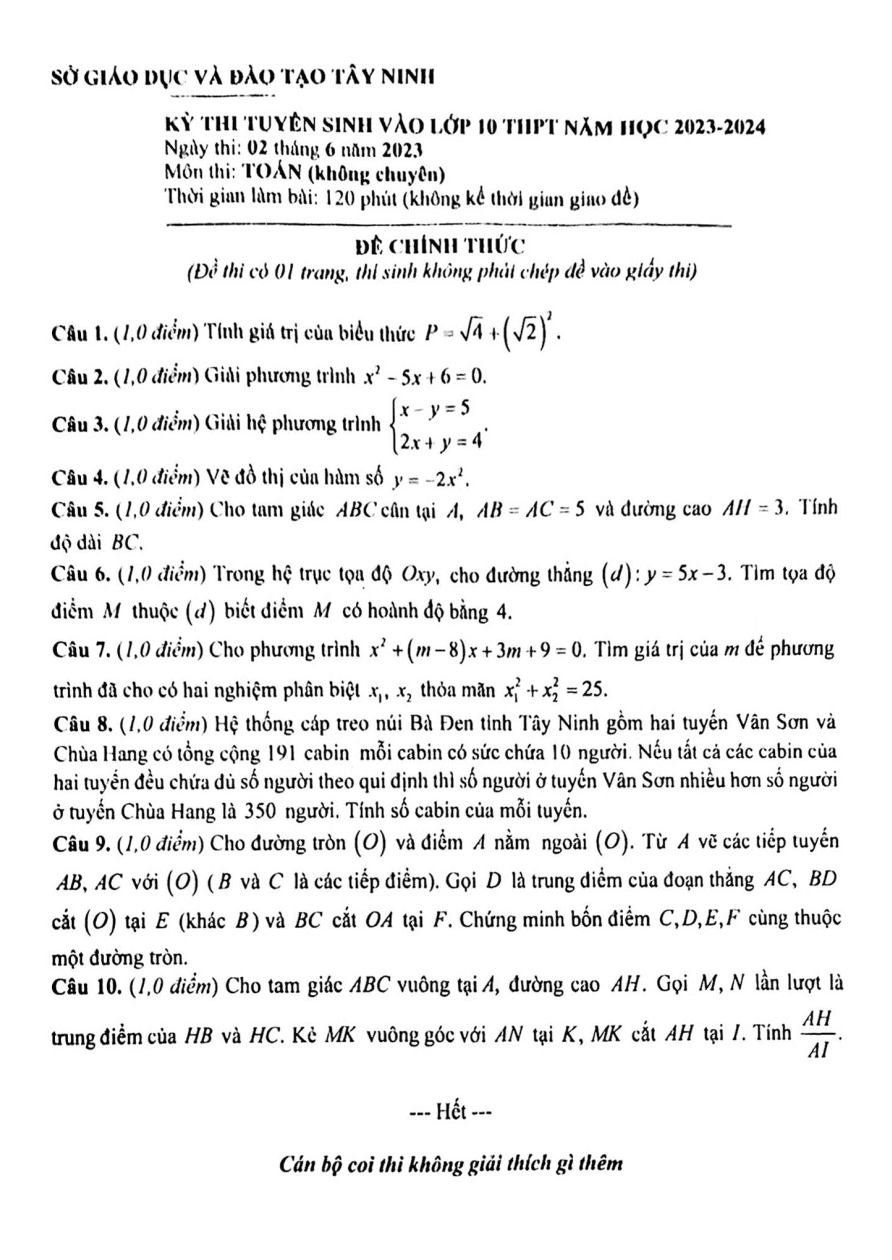 Đề thi vào 10 Toán Tây Ninh năm 2023
