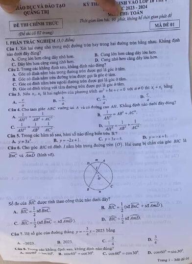 Đề thi vào 10 Toán Quảng Trị năm 2023