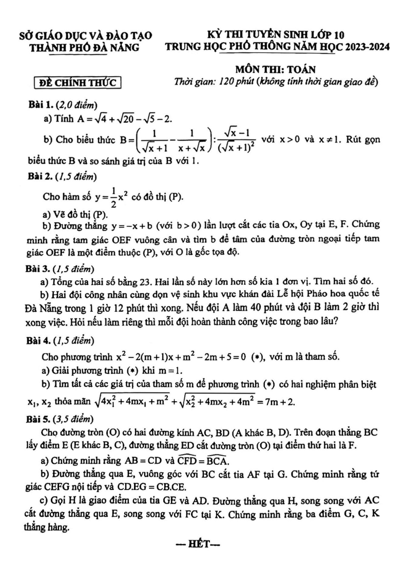 Đề thi vào 10 Toán TP Đà Nẵng năm 2023