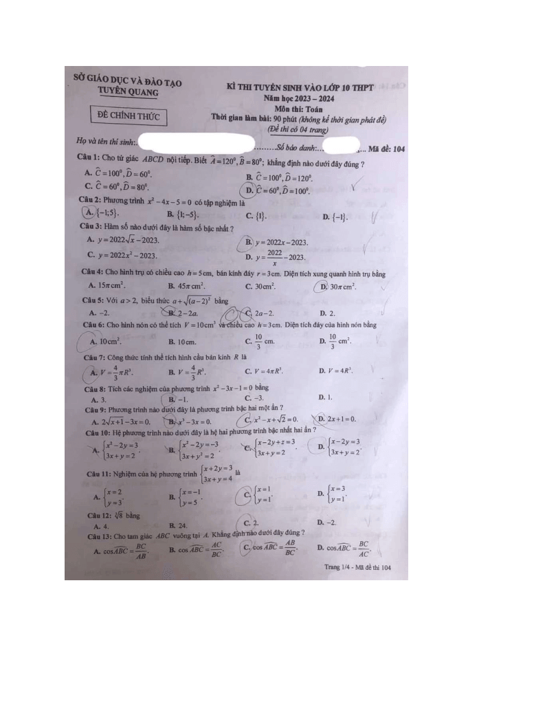 Đề thi vào 10 Toán Tuyên Quang năm 2023