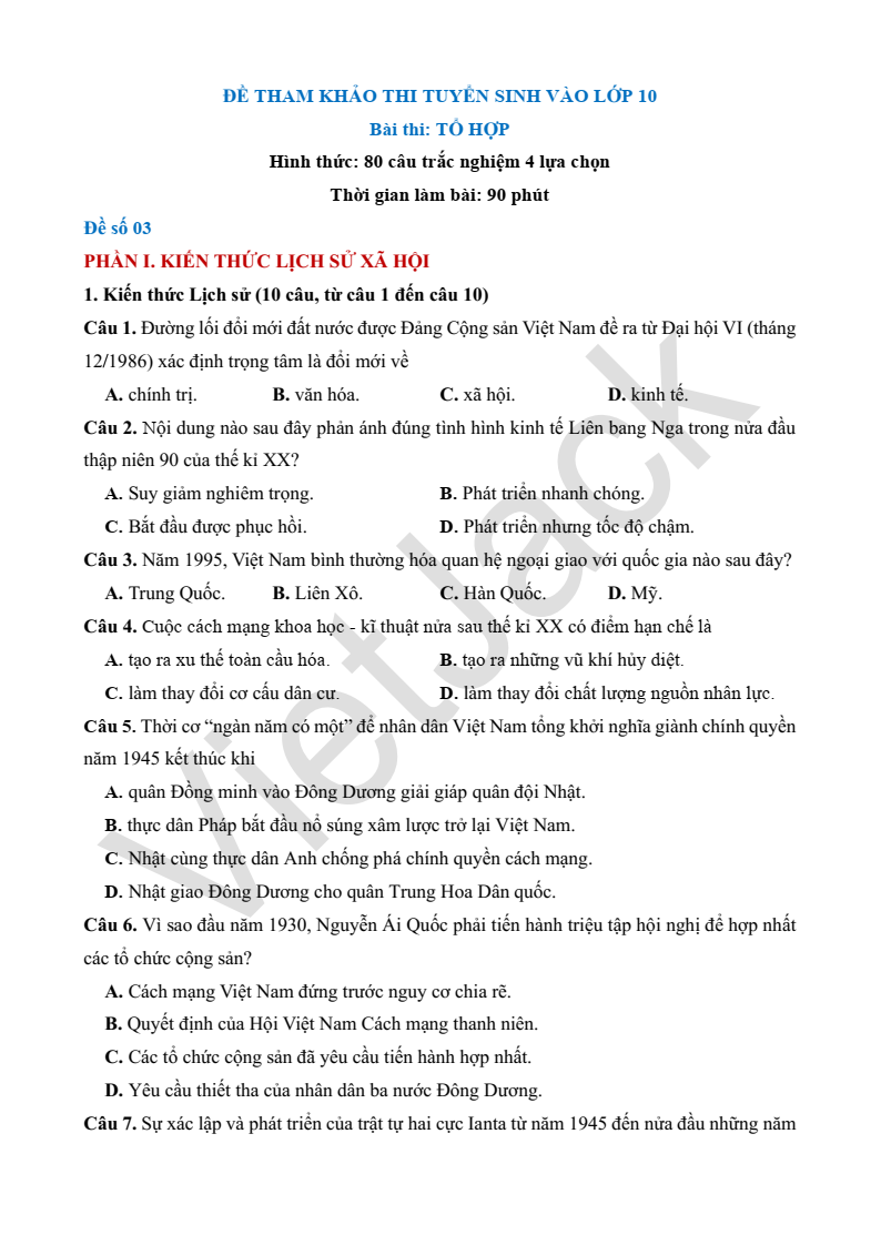 5 Đề thi vào lớp 10 tổ hợp theo cấu trúc Sơn La