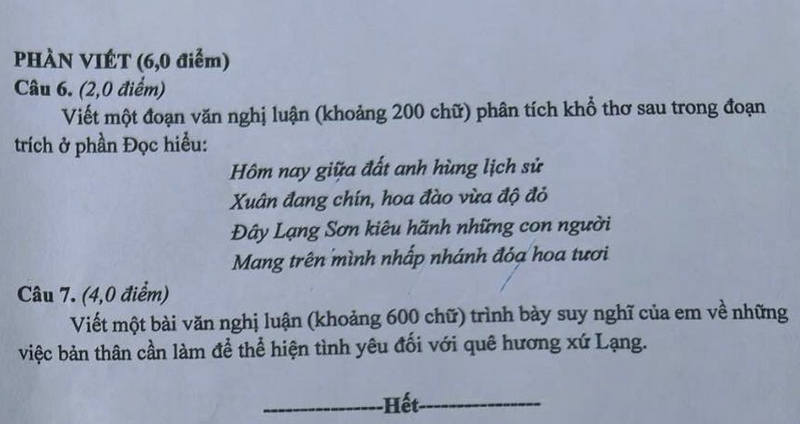 đề thi tuyển sinh Văn vào lớp 10 Lạng Sơn năm 2025