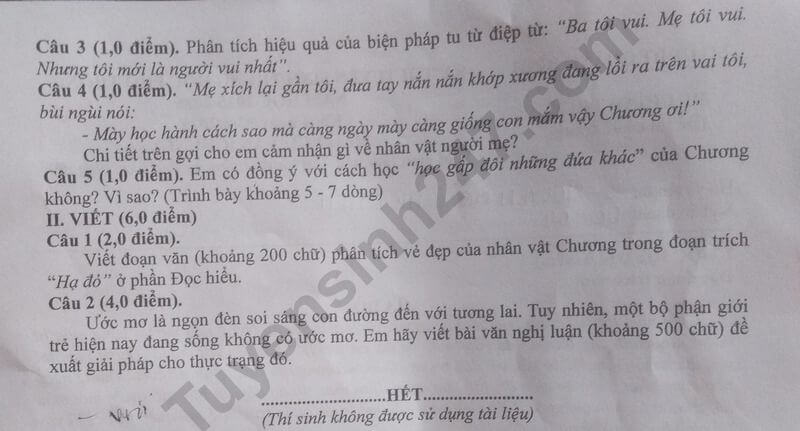 đề thi tuyển sinh Văn vào lớp 10 Quảng Bình năm 2025