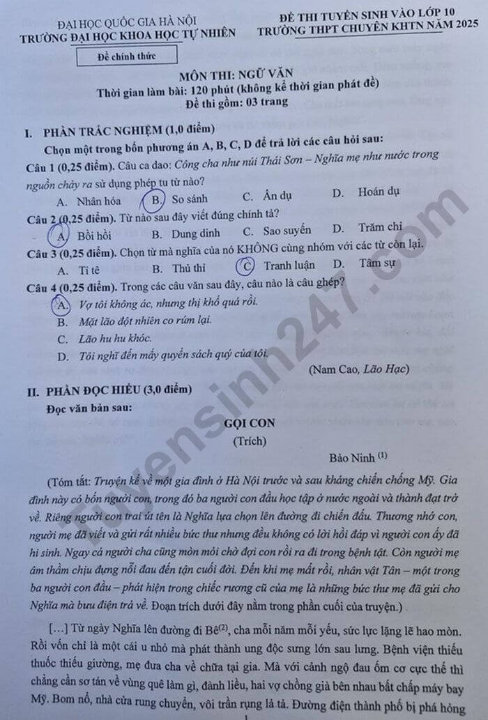 đề thi tuyển sinh Văn vào lớp 10 trường THPT chuyên KHTN Hà Nội