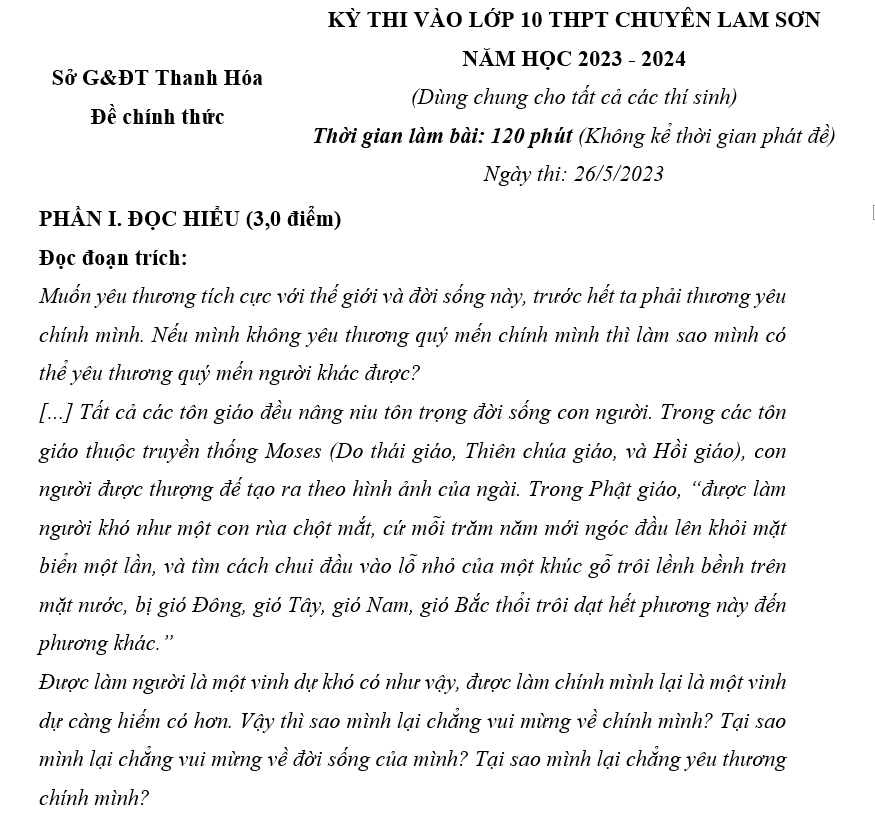 Đề Văn chung vào 10 Chuyên Lam Sơn (Thanh Hóa) năm 2023