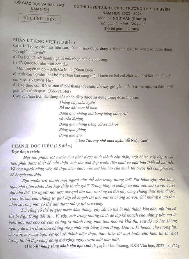 Đề Văn chung vào 10 Chuyên Lê Hồng Phong (Nam Định) năm 2023