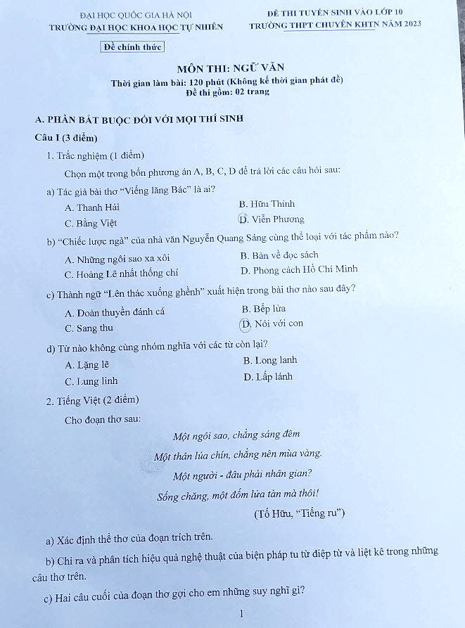 Đề thi vào 10 môn Văn Chuyên Khoa học tự nhiên (Hà Nội) năm 2023
