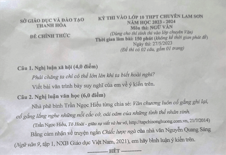 Đề thi vào 10 môn Văn Chuyên Lam Sơn (Thanh Hóa) năm 2023