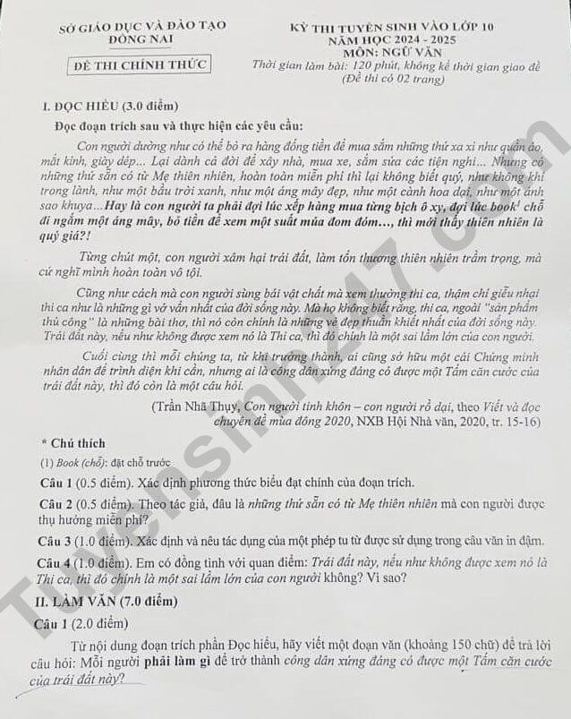 Đề thi vào 10 Văn Đồng Nai năm 2024 (chính thức)