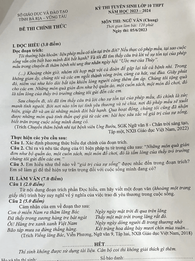 Đề thi vào lớp 10 Văn Bà Rịa - Vũng Tàu năm 2023