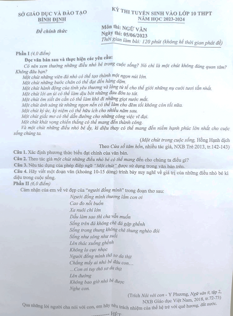 Đề thi vào lớp 10 Văn Bình Định năm 2023