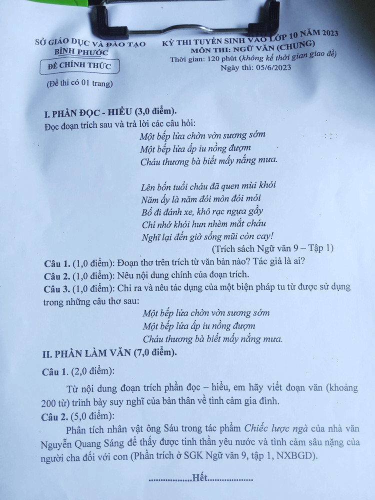 Đề thi vào 10 Văn Bình Phước năm 2023