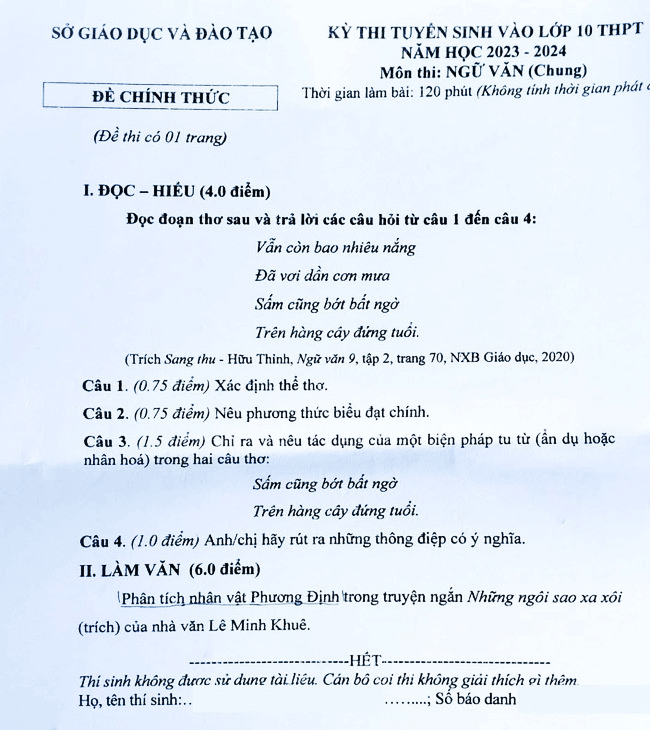 Đề thi vào lớp 10 Văn Đắk Nông năm 2023