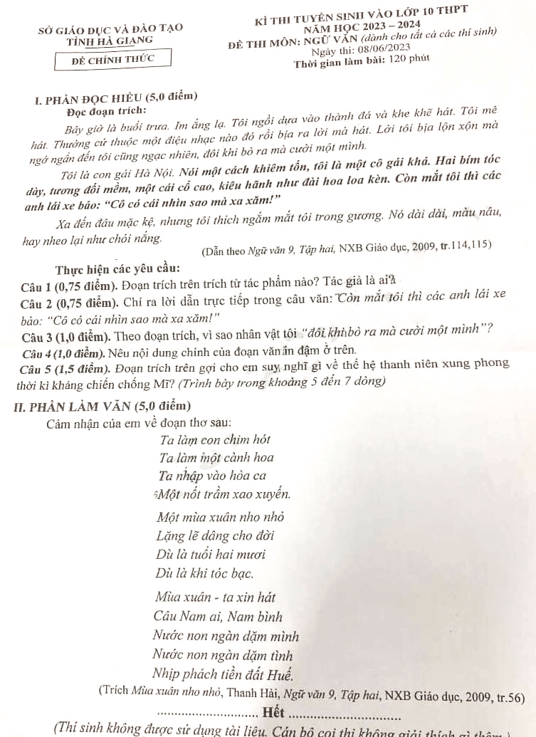 Đề thi vào lớp 10 Văn Hà Giang năm 2023