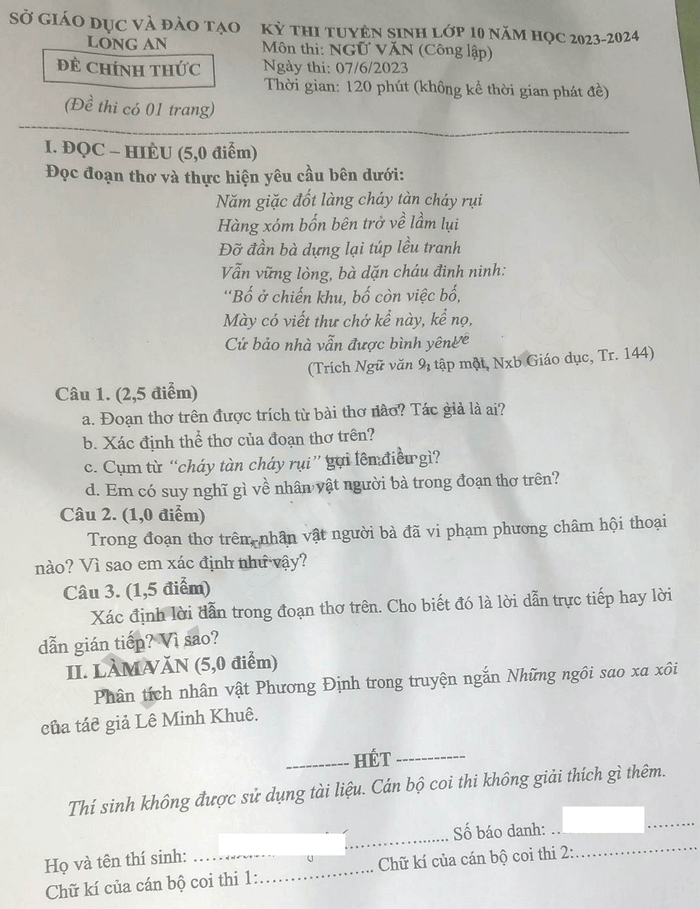 Đề thi vào lớp 10 Văn Long An năm 2023