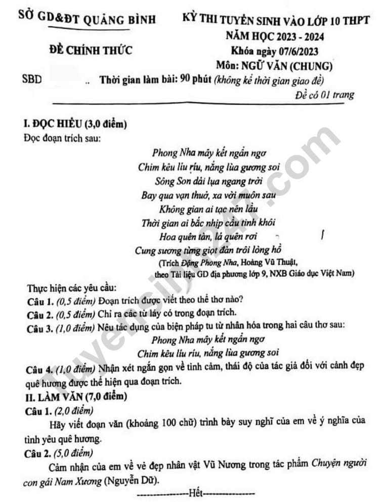 Đề thi vào lớp 10 Văn Quảng Bình năm 2023