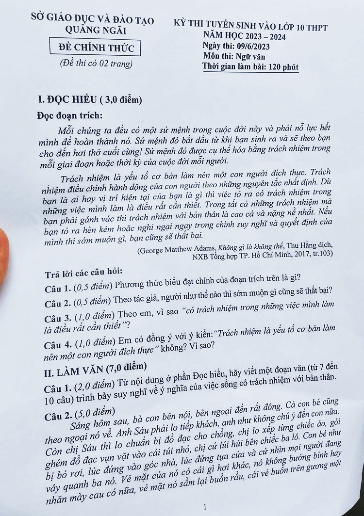 Đề thi vào lớp 10 Văn Quảng Ngãi năm 2023