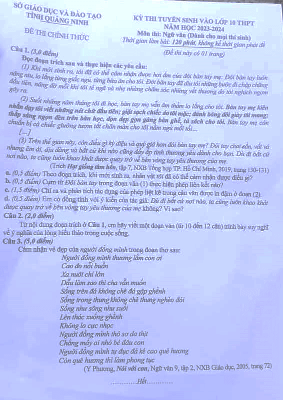 Đề thi vào lớp 10 Văn Quảng Ninh năm 2023