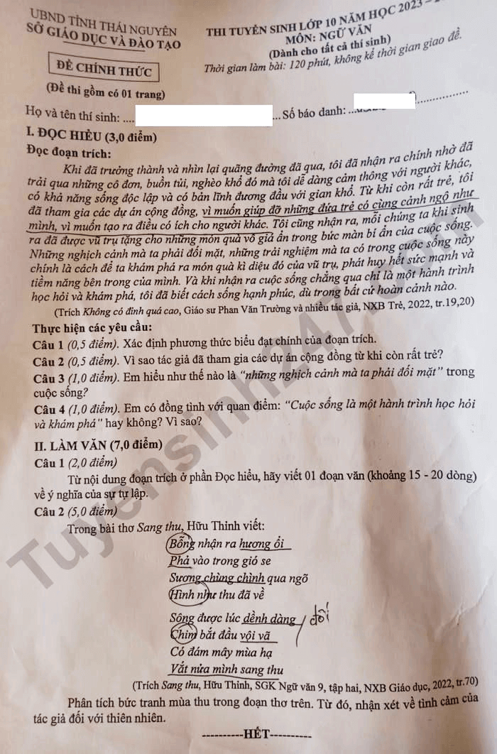Đề thi vào lớp 10 Văn Thái Nguyên năm 2023