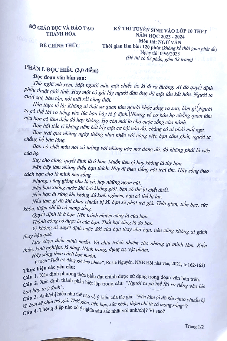 Đề thi vào lớp 10 Văn Thanh Hóa năm 2023