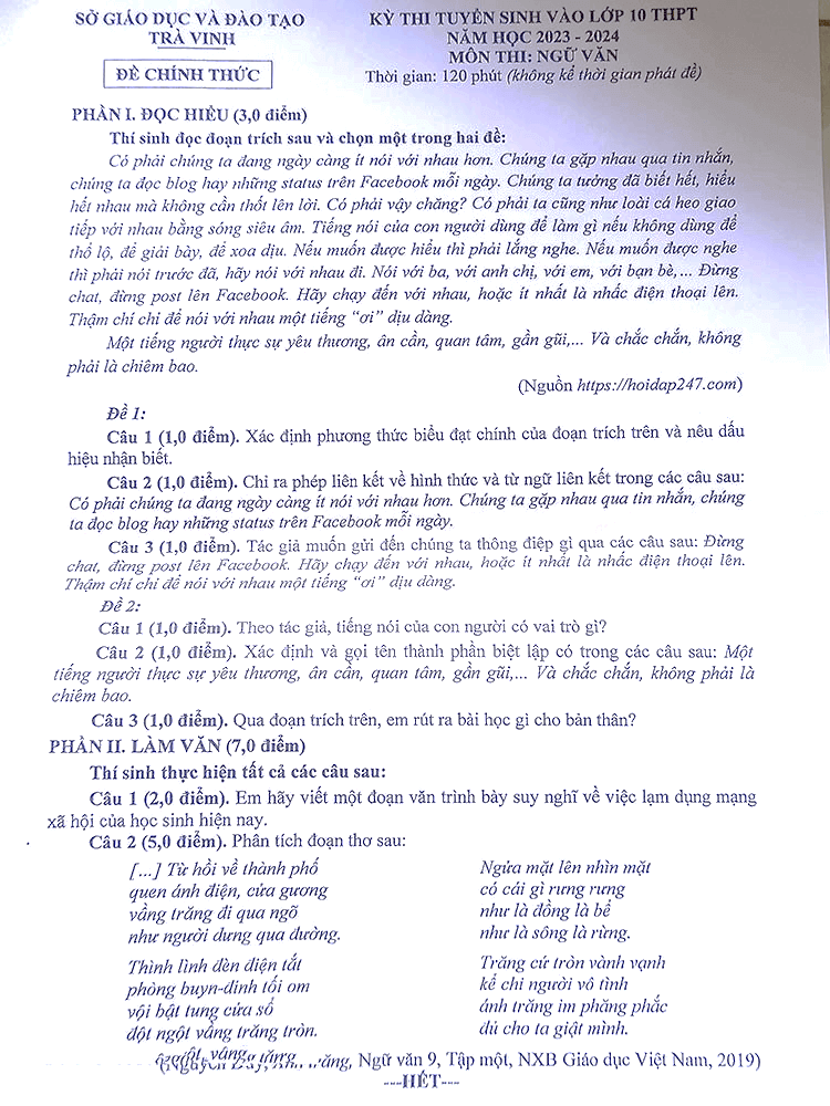 Đề thi vào lớp 10 Văn Trà Vinh năm 2023