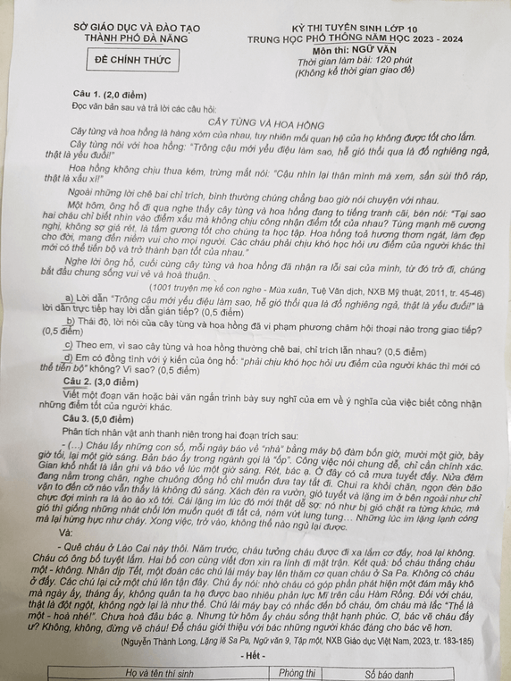 Đề thi vào 10 môn Văn TP Đà Nẵng năm 2023