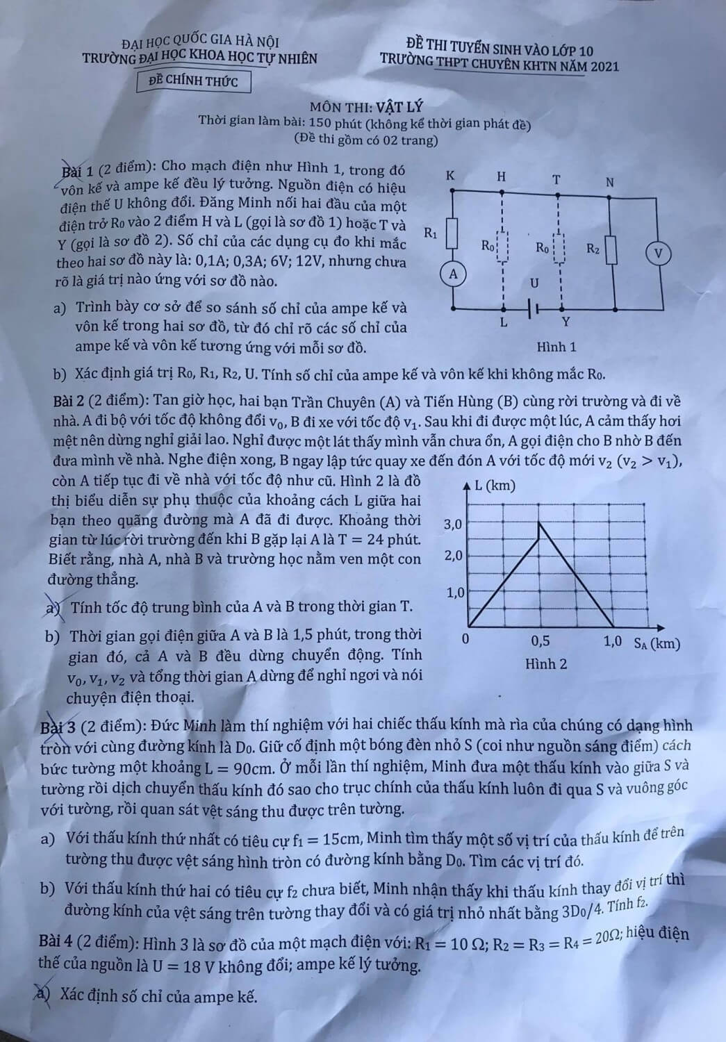 Đề thi vào lớp 10 chuyên môn Vật lí năm 2022