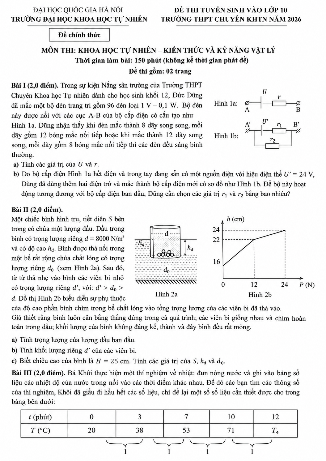Đề thi tuyển sinh chuyên Vật Lí vào lớp 10 trường THPT Chuyên Khoa học tự nhiên (Hà Nội) năm 2026