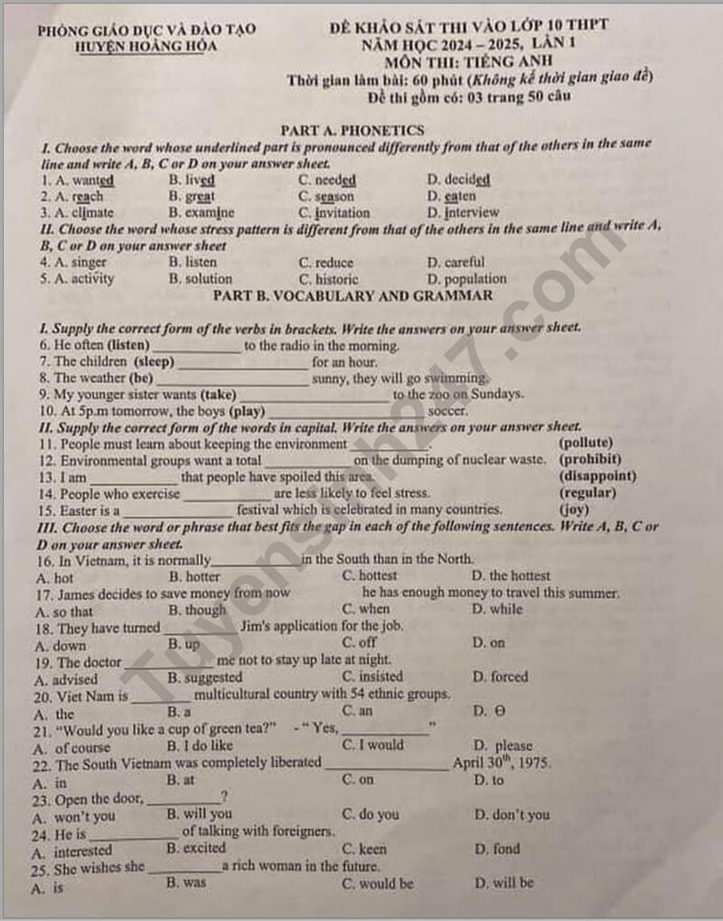 Đề thi thử vào 10 Tiếng Anh 2024 Phòng GD Hoằng Hóa