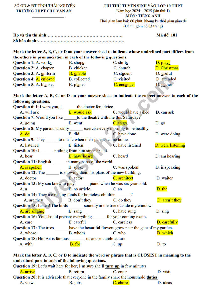 Đề thi thử vào 10 Tiếng Anh 2024 trường THPT Chu Văn An