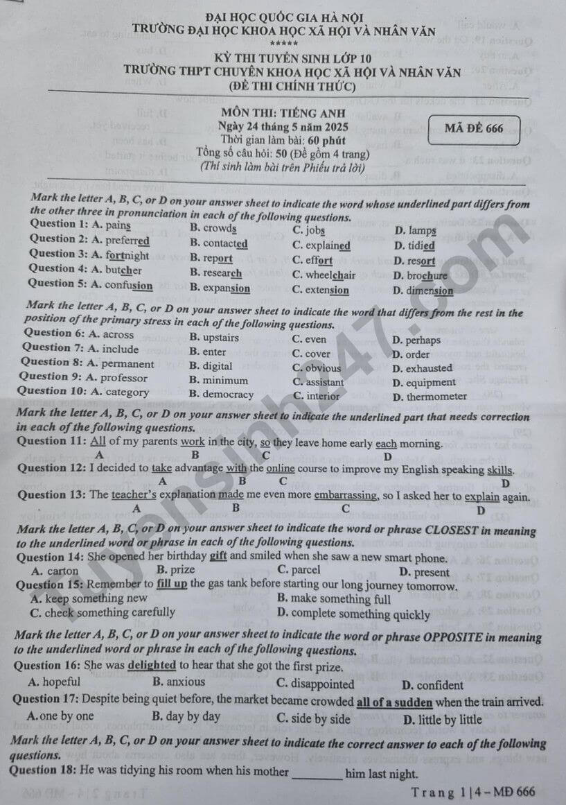 đề thi tuyển sinh Tiếng Anh (chung) vào lớp 10 trường THPT Chuyên Khoa học xã hội và nhân văn năm 2025