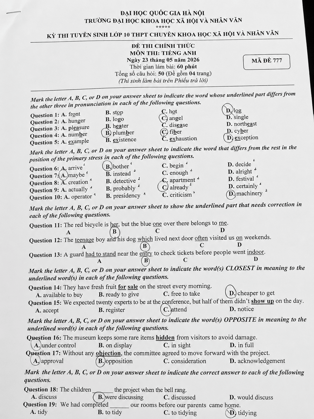 Giải Đề thi tuyển sinh Tiếng Anh (chung) vào lớp 10 trường THPT Chuyên Khoa học xã hội và nhân văn (Hà Nội) năm 2026
