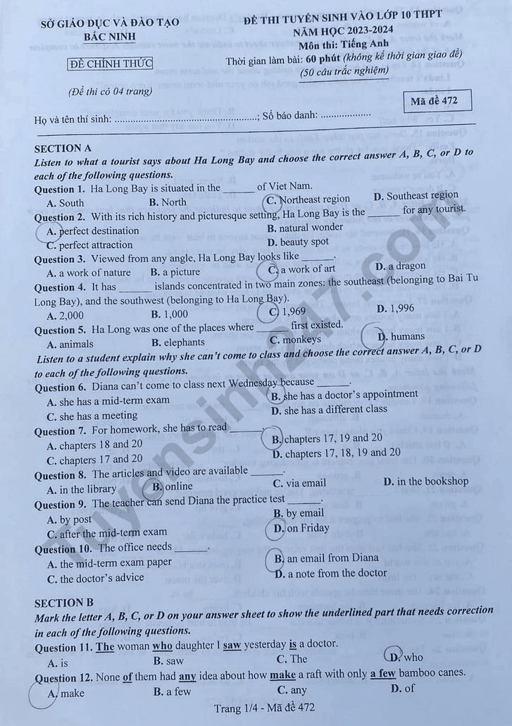 Đề thi vào 10 môn Tiếng Anh Bắc Ninh năm 2023