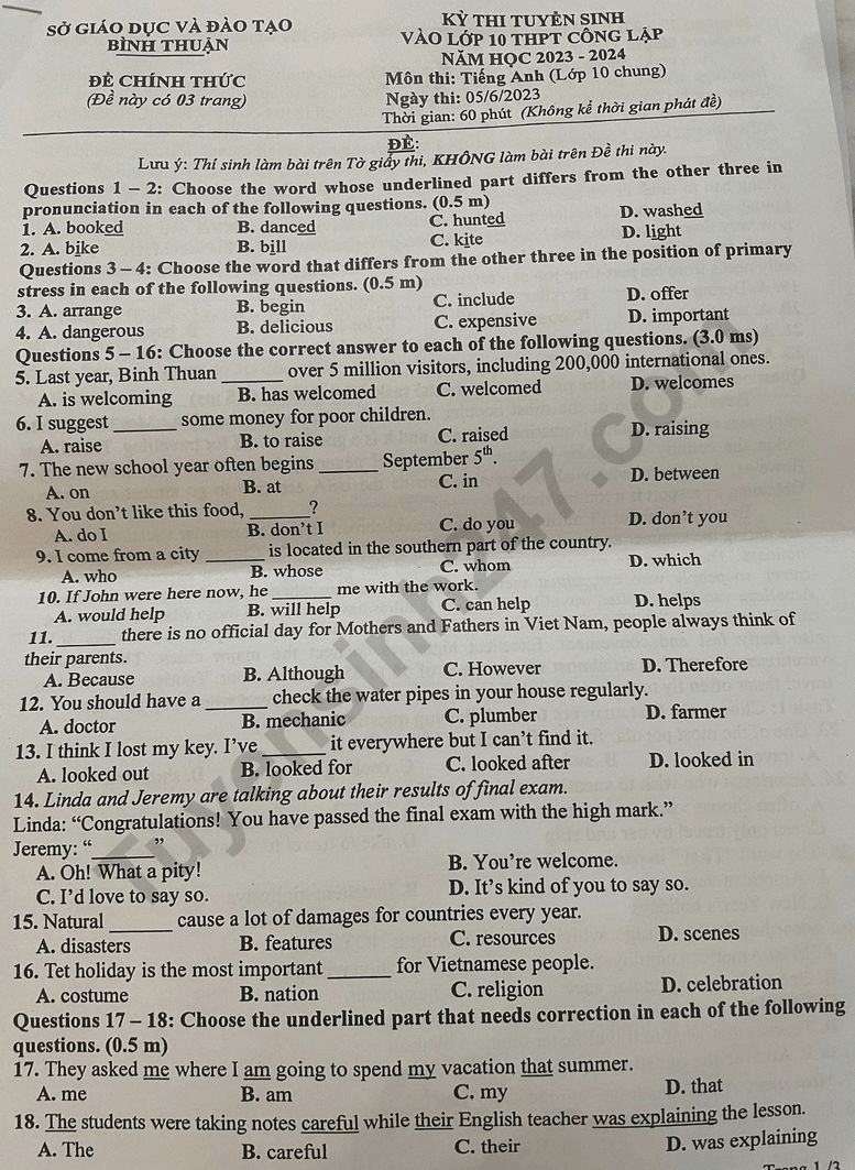 Đề thi vào 10 môn Tiếng Anh Bình Thuận năm 2023