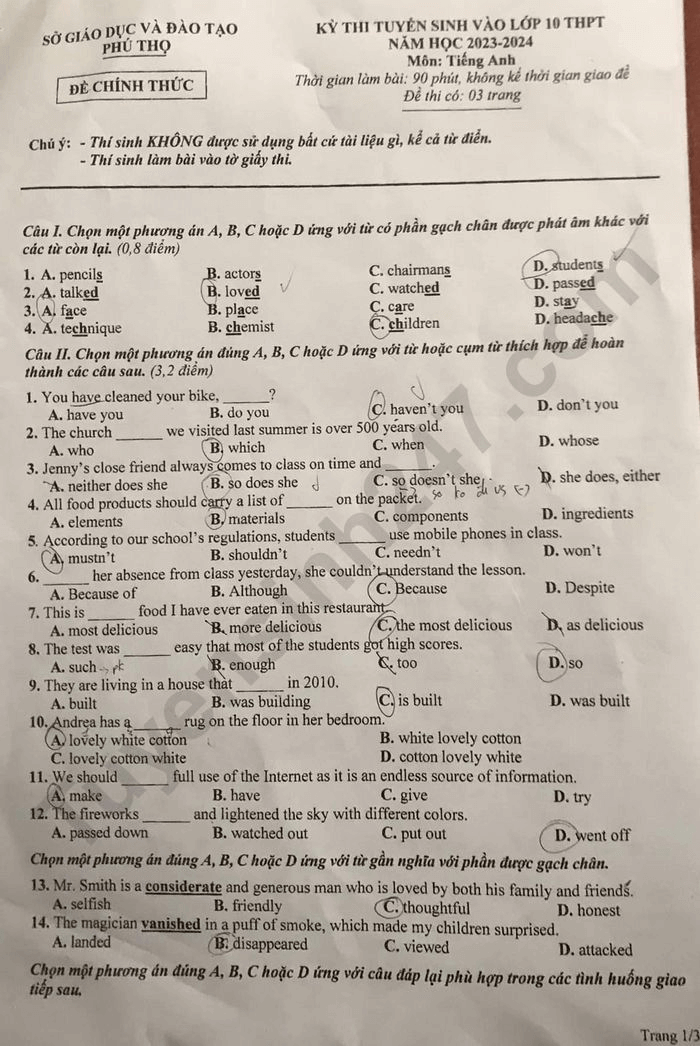 Đề thi vào 10 môn Tiếng Anh Phú Thọ năm 2023
