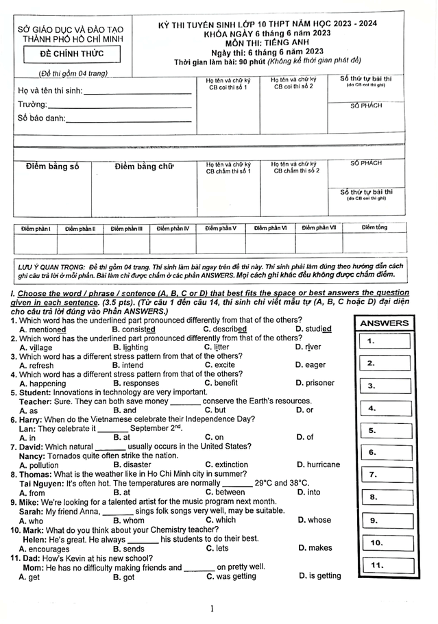 Đề thi vào 10 môn Tiếng Anh TP Hồ Chí Minh năm 2023