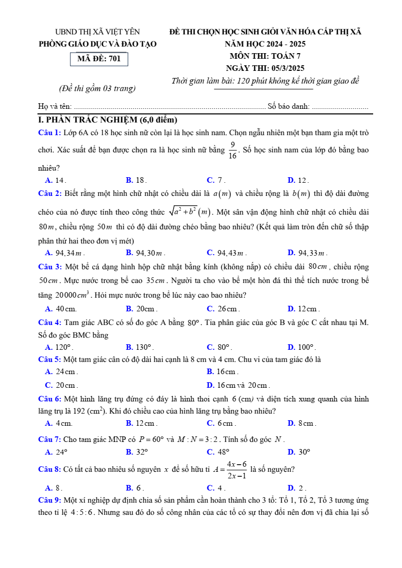 Đề thi học sinh giỏi Toán 7 Phòng GD&ĐT Việt Yên (Bắc Giang) năm 2024-2025