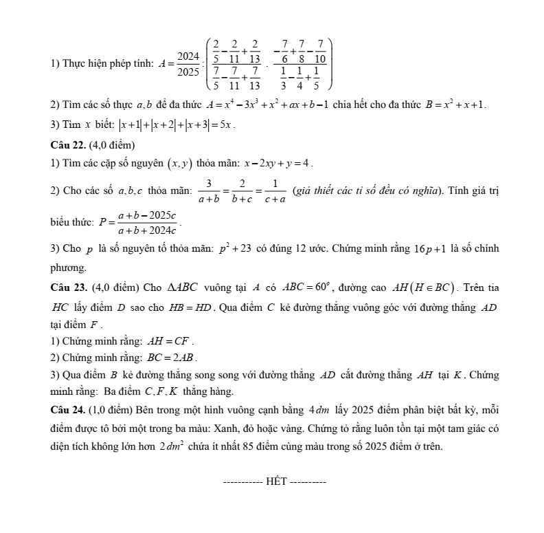Đề thi học sinh giỏi Toán 7 Phòng GD&ĐT Việt Yên (Bắc Giang) năm 2024-2025