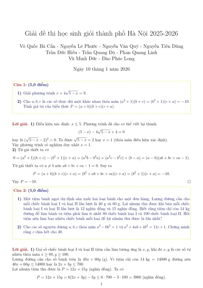 Đề thi học sinh giỏi Toán 9 thành phố Hà Nội năm 2025-2026
