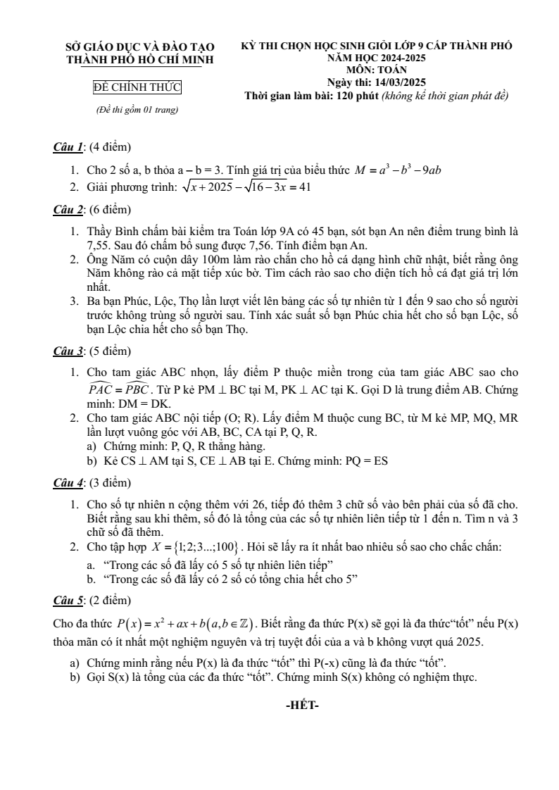 Đề thi học sinh giỏi Toán 9 Sở GD&ĐT TP HCM năm 2024-2025