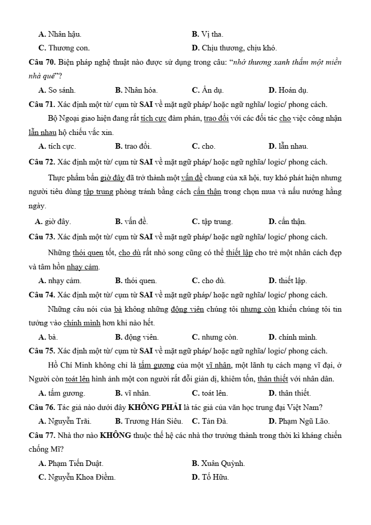 10+ Đề thi ĐGNL Bộ Quốc phòng phần Văn học - Ngôn ngữ (có lời giải)