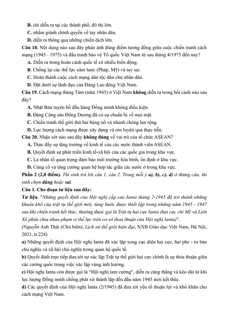 5+ Đề thi ĐGNL Đại học Sư phạm Hà Nội môn Lịch sử (có lời giải)