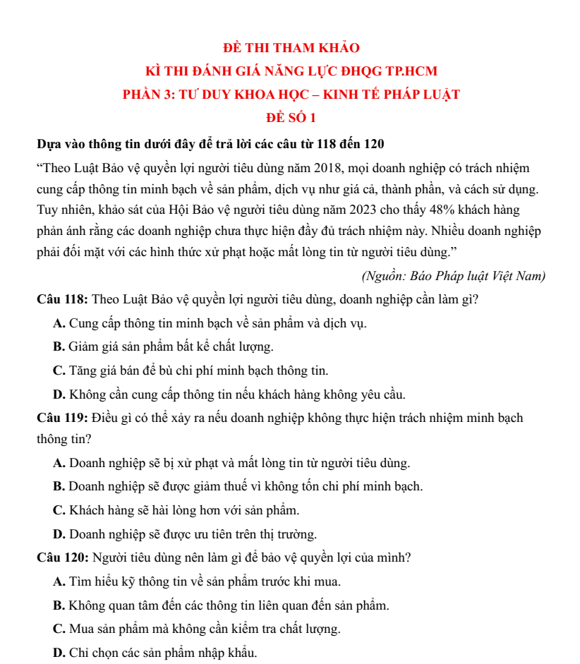 30+ Đề thi ĐGNL ĐHQG TP.HCM VACT môn KTPL (có lời giải)