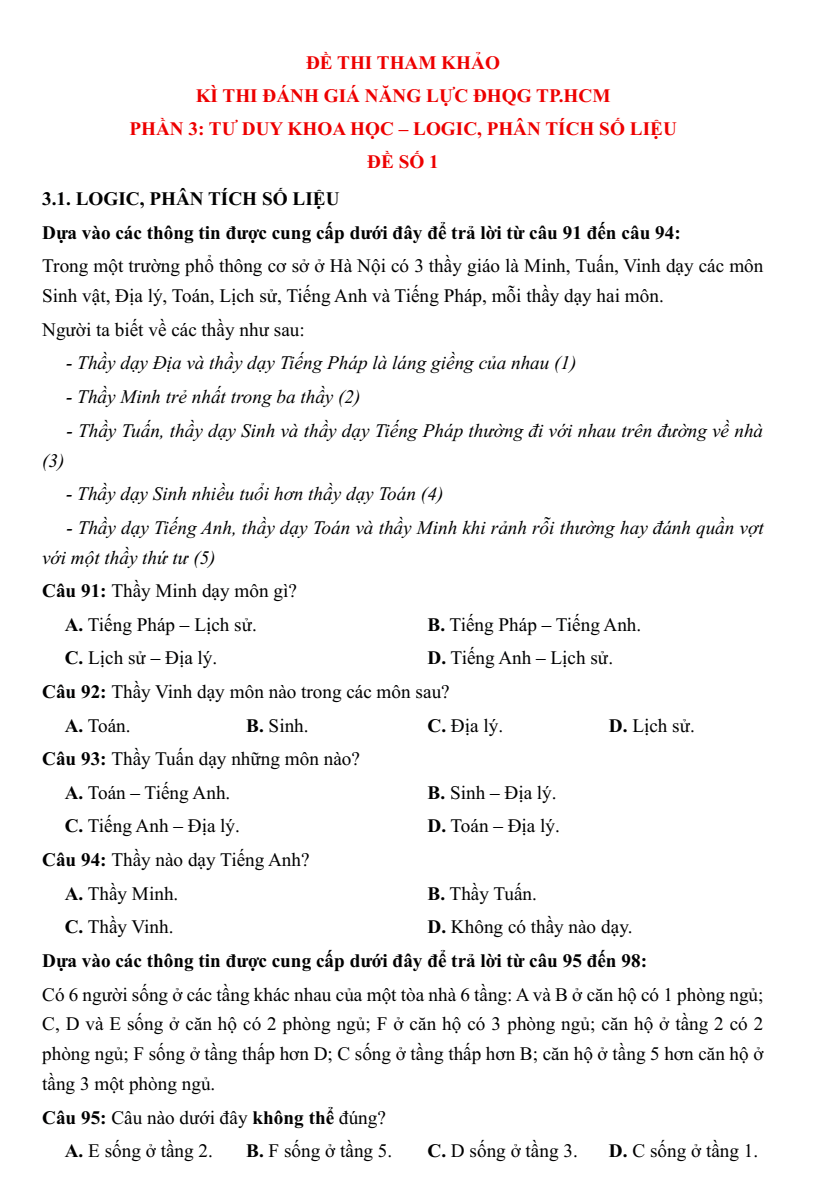 30+ Đề thi ĐGNL ĐHQG TP.HCM VACT môn Logic, phân tích số liệu (có lời giải)