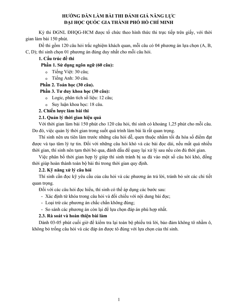 Đề thi mẫu ĐGNL ĐHQG Tp.HCM năm 2026
