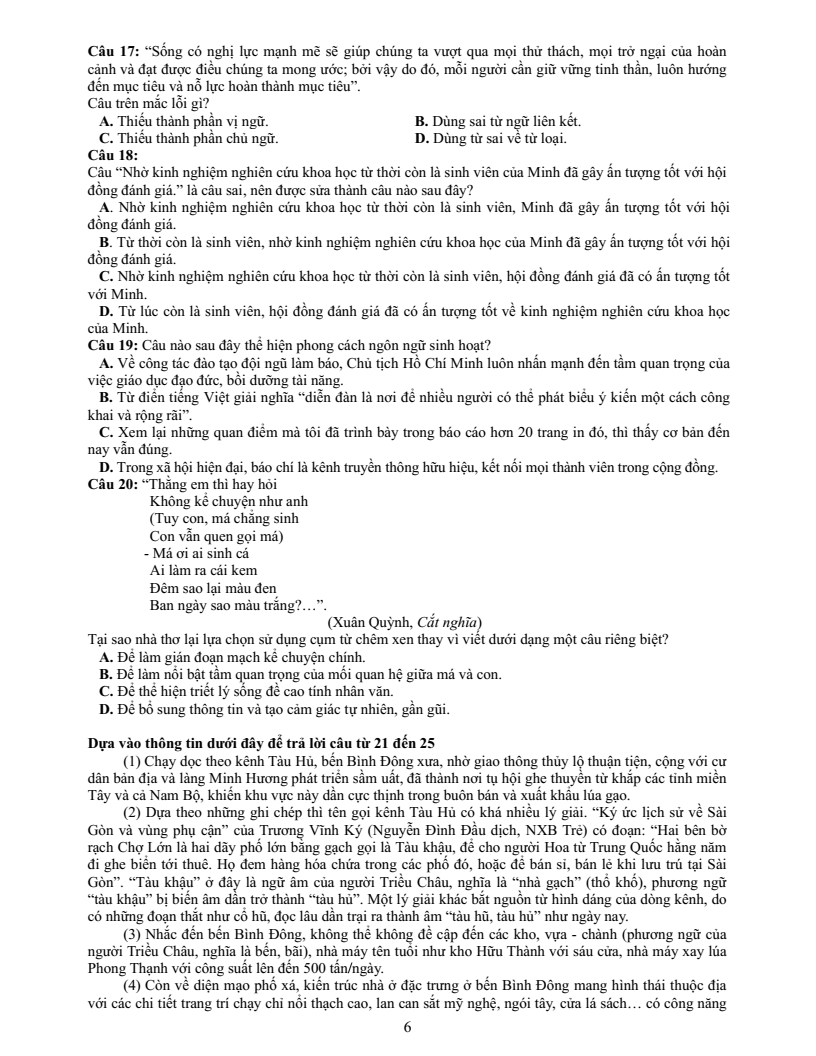 Đề thi mẫu ĐGNL ĐHQG Tp.HCM năm 2026